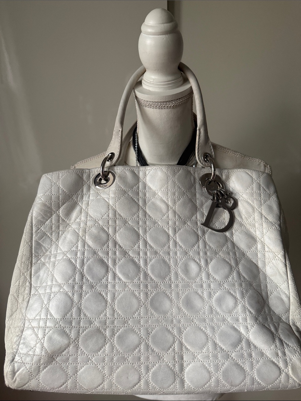 Luxury Quilted White Leather Tote Bag with Silver Hardware